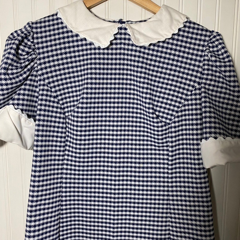 Handmade Vintage Navy White Houndstooth Scalloped Collar Dress Kitschy Mod - M/L - Picture 10 of 12